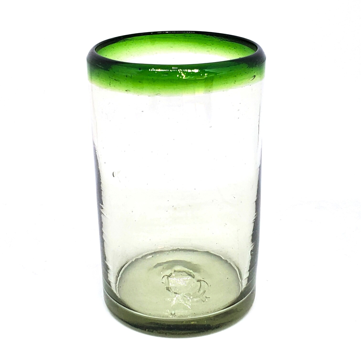 VIDRIO SOPLADO / Juego de 6 vasos grandes con borde verde esmeralda, 14 oz, Vidrio Reciclado, Libre de Plomo y Toxinas